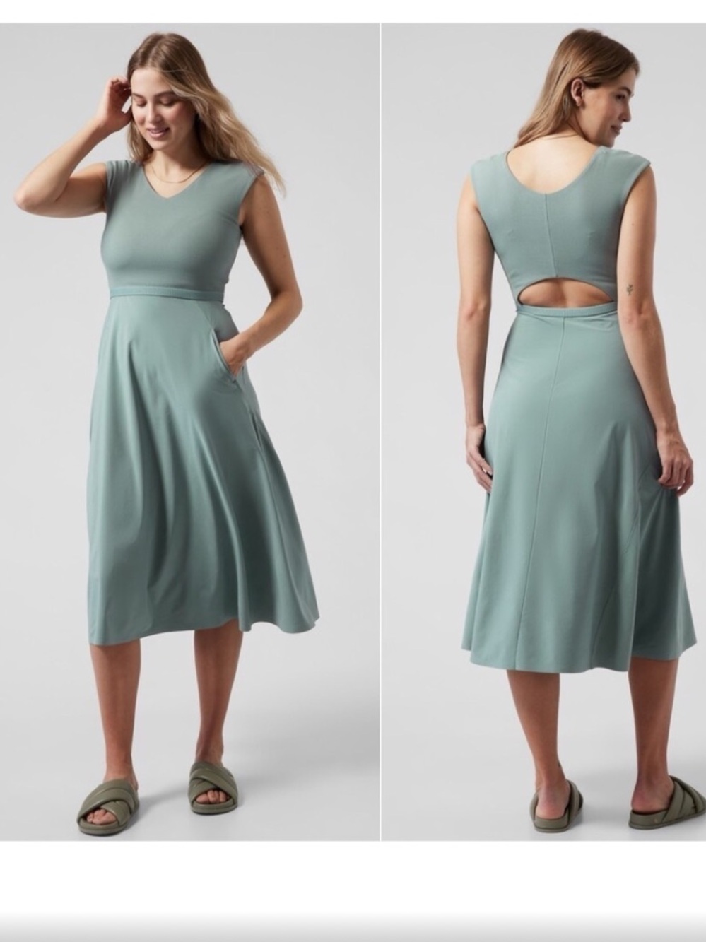 New Athleta Sage Green Sleeveless Midi Dress with Back Cutout